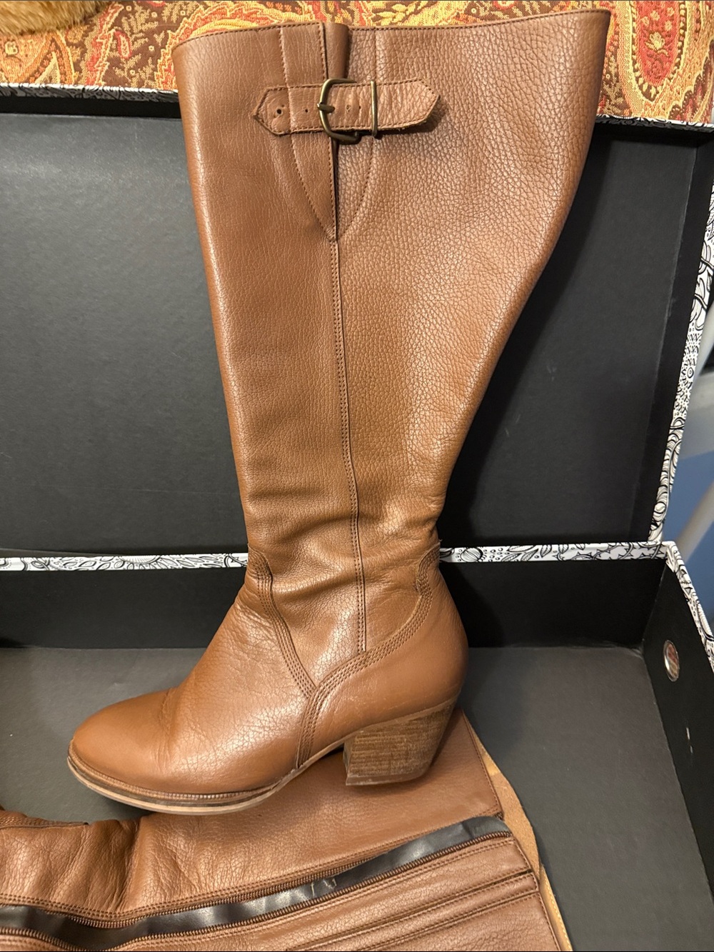 Women's Brown Leather Knee-High Heeled Boots. Extra Wide Calf 19in 10m